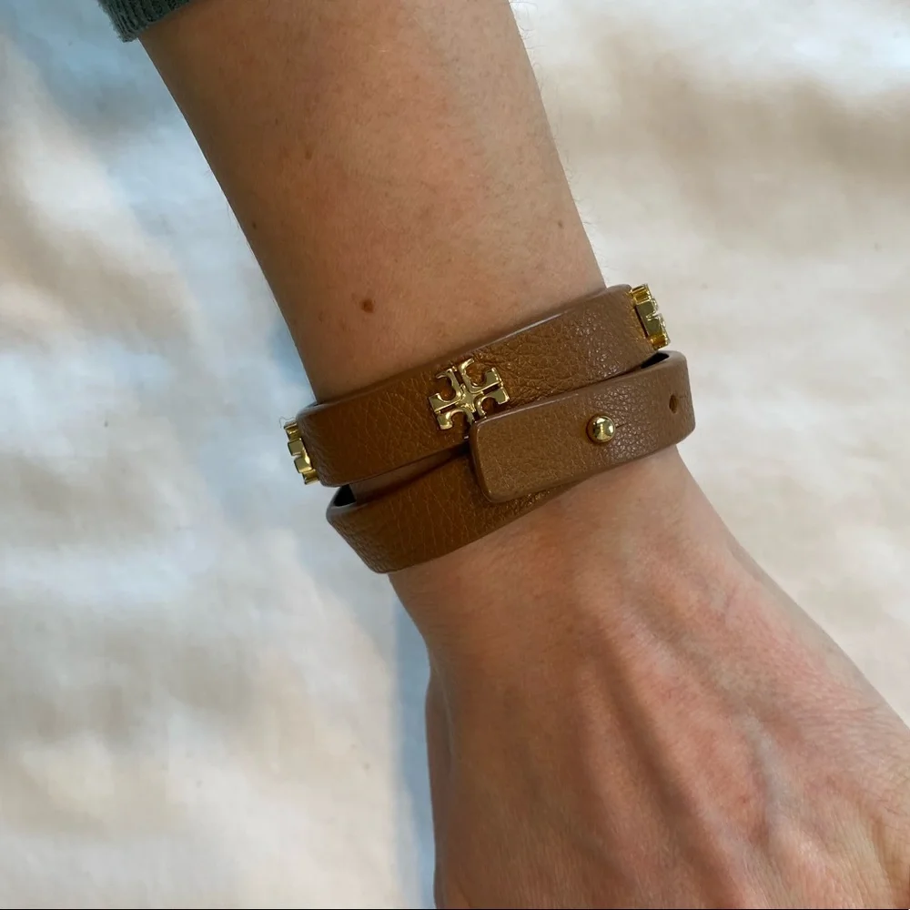 Tory Burch Double Wrap Logo Bracelet Leather Tan Gold - Picture 5 of 12